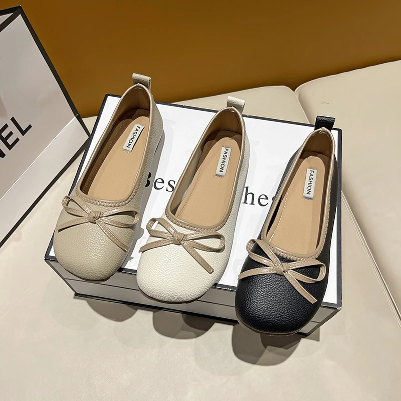 

Балетки женские из твида двухцветные, классические базовые, с бантиком, модные туфли на плоской подошве, 2022