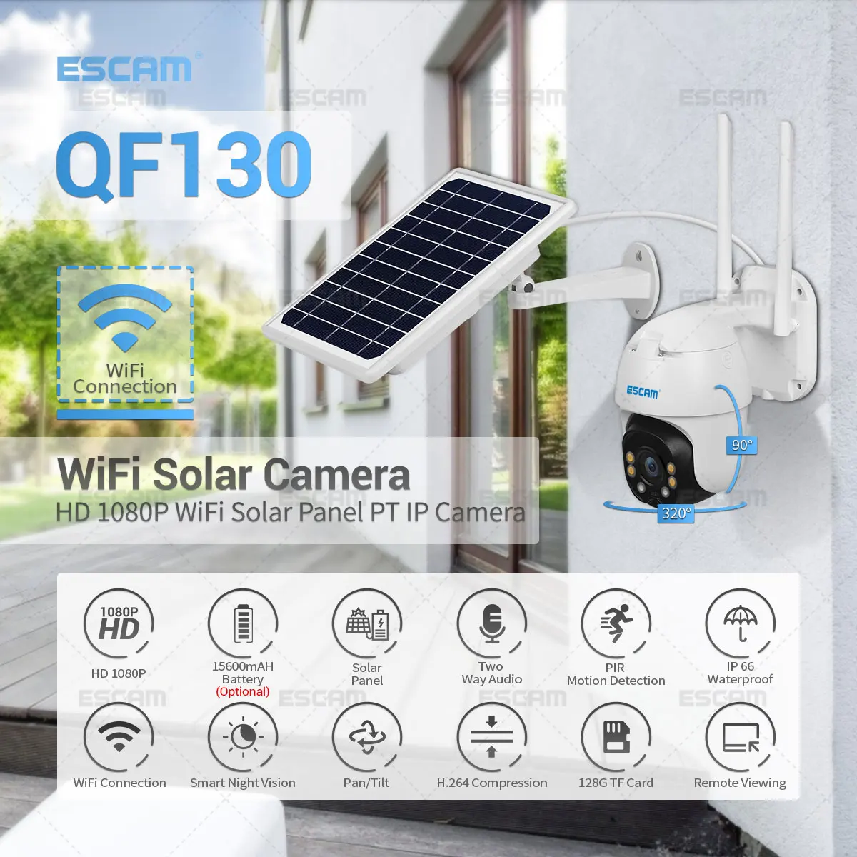 

IP-камера ESCAM QF130 с пассивным ИК датчиком движения, 1080P, Wi-Fi, солнечной панелью