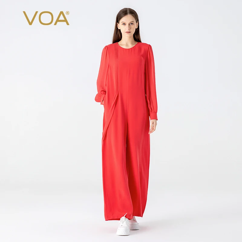 

VOA 30 Momme Heavyweight Silk Red O-neck Splice Georgette Long Sleeve Jumpsuits Asymmetrical Pleated Silk Jumpsuit Women KE880