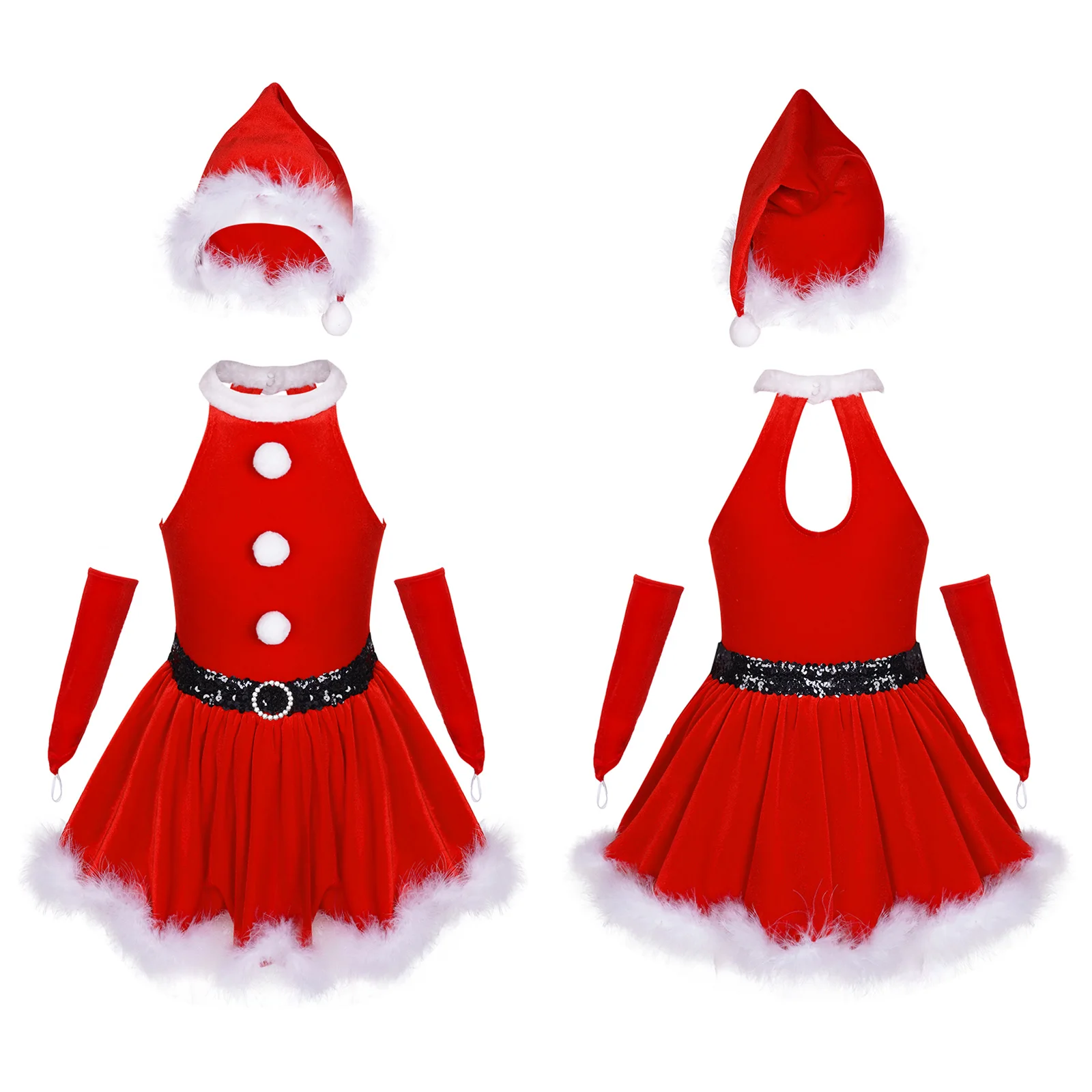 

Kids Girls Christmas Velvet Dress Up Costumes Fluffy A-line Dress+Feather Trim Santa Hat+Gloves Suit for Christmas Cosplay Party