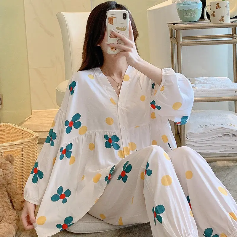 2023 new cardigan cotton silk pajamas popular online in spring and autumn for girls