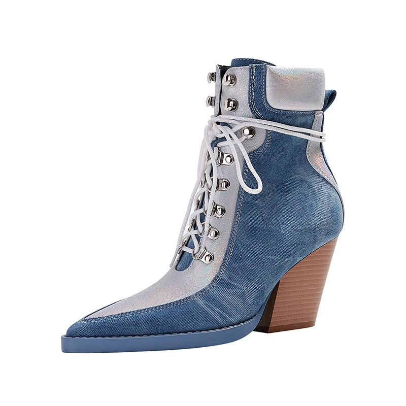 

2023 All Season Footwear New Patchwork Denim Ankle Boots Women's Pointed Toe Cross Tied Square High-heeled Western Short Boots