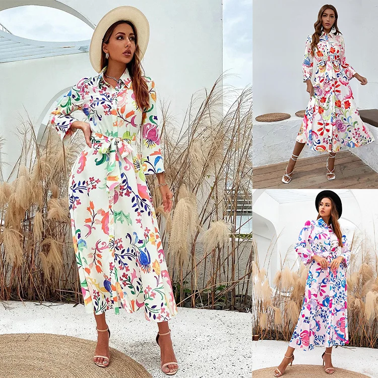 

Autumn/Winter 2023 Women's Printed Long Sleeve Belt Elegant Dress