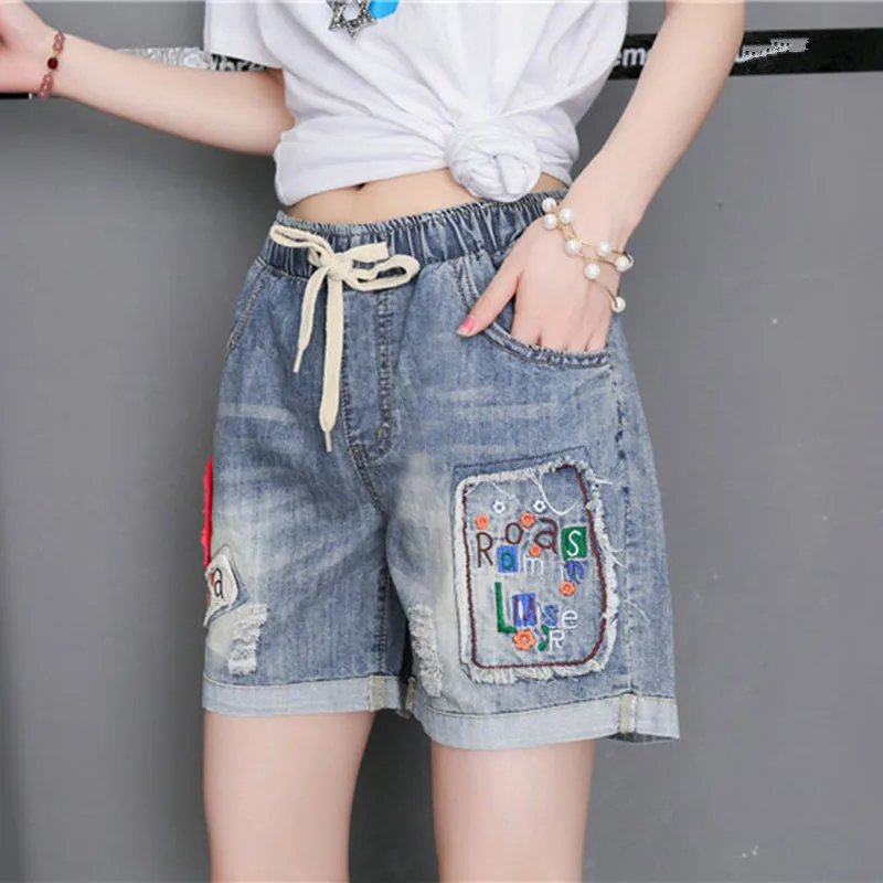 Women 2021 Fashion Summer Retro Blue Shorts Jean Female High Waist Plus Size Embroidery Denim Shorts Patchwork Casual Streetwear