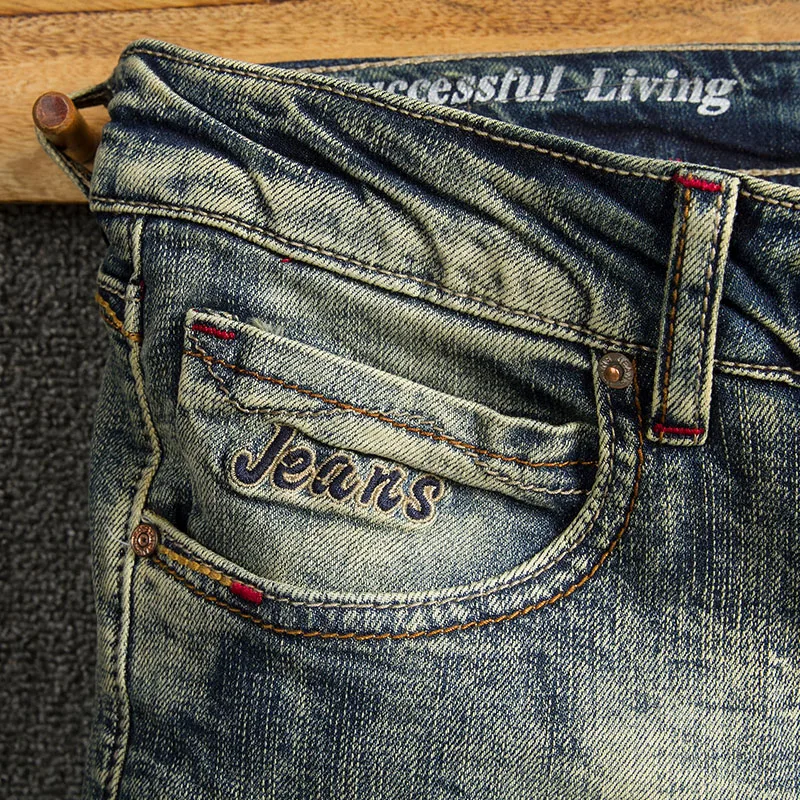 Fashion Designer Men Jeans Retro Yellow Blue Elastic Stretch Slim Fit Ripped Jeans Men Korean Style Vintage Denim Pants Hombre