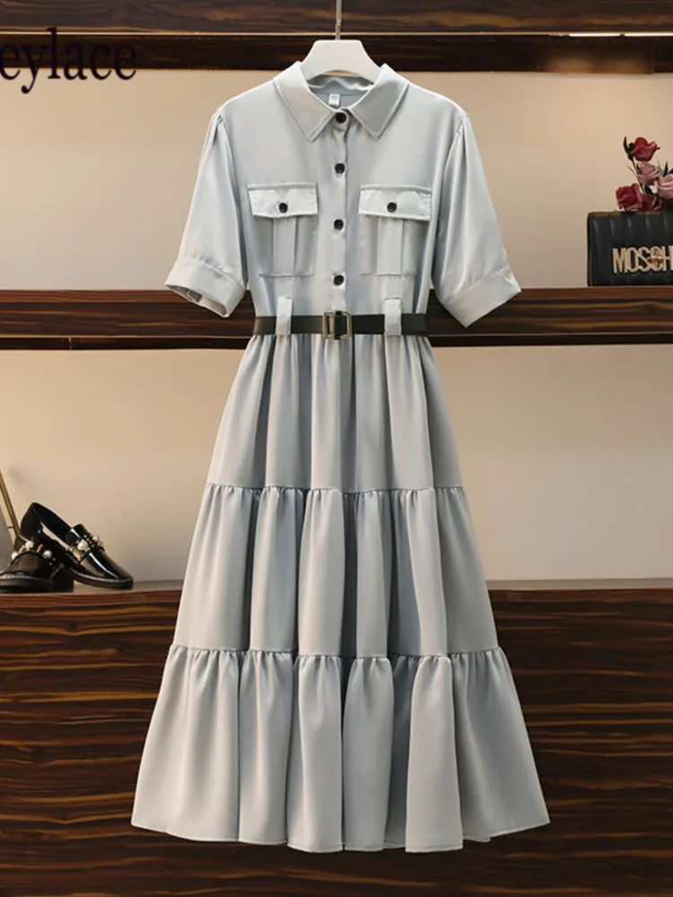 

Женские офисные элегантные однотонные длинные платья, летние платья-поло с коротким рукавом и высокой талией, трапециевидные женские плать...