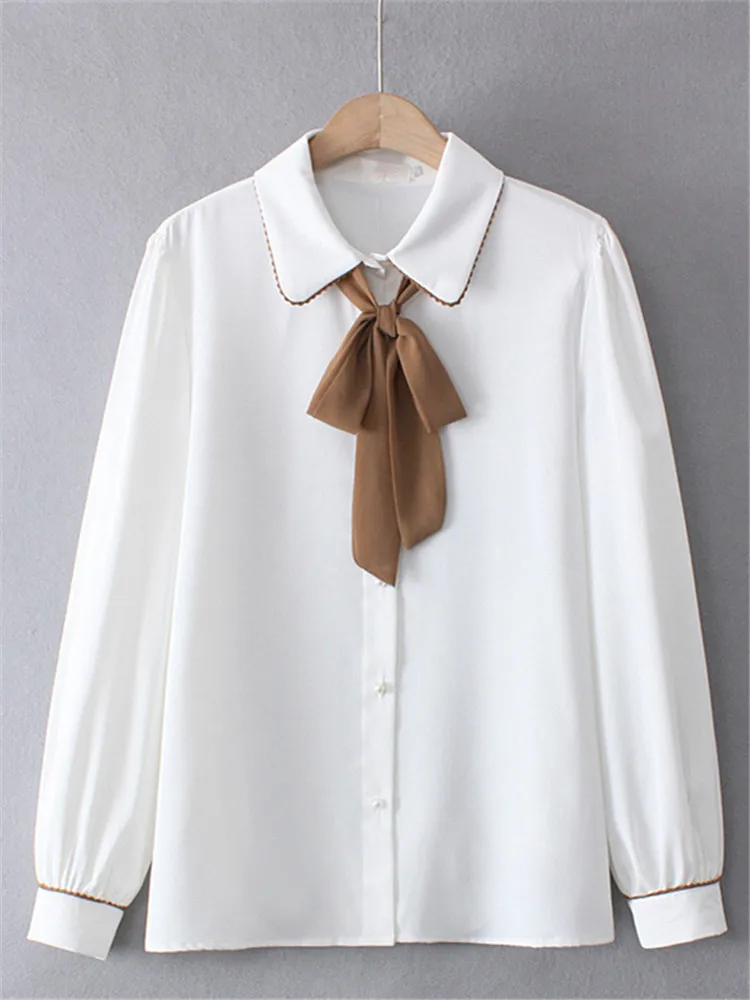 

Plus Size Clothing In Spring And Autumn's Wear Long-Sleeved Shirt Ruffles And Bow Tie Solid Color Tops Large Size Fashion Shirt