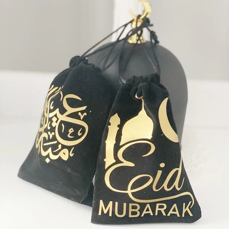 

5pcs velvet Arabic Eid Mubarak gift present Treat favor bags happy Al Adha Muslim Islamic Ramadan Kareem Iftar Party decoration