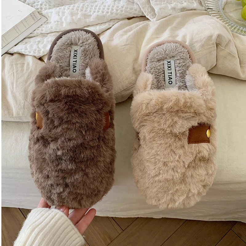 

2023 Winter New Flat Heel Women Slipper Round Toe Slip On Mules Shoes Warm Plush Ladies Casual Indoor Slides Furry Flip Flops