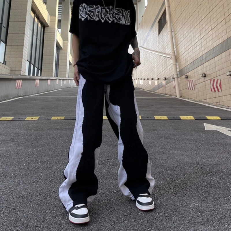 DEEPTOWN Y2K Patchwork Jeans Men Hip Hop Straight Denim Pants Loose Casual Streetwear Trousers Male Fashion Black Pink Plus 4XL