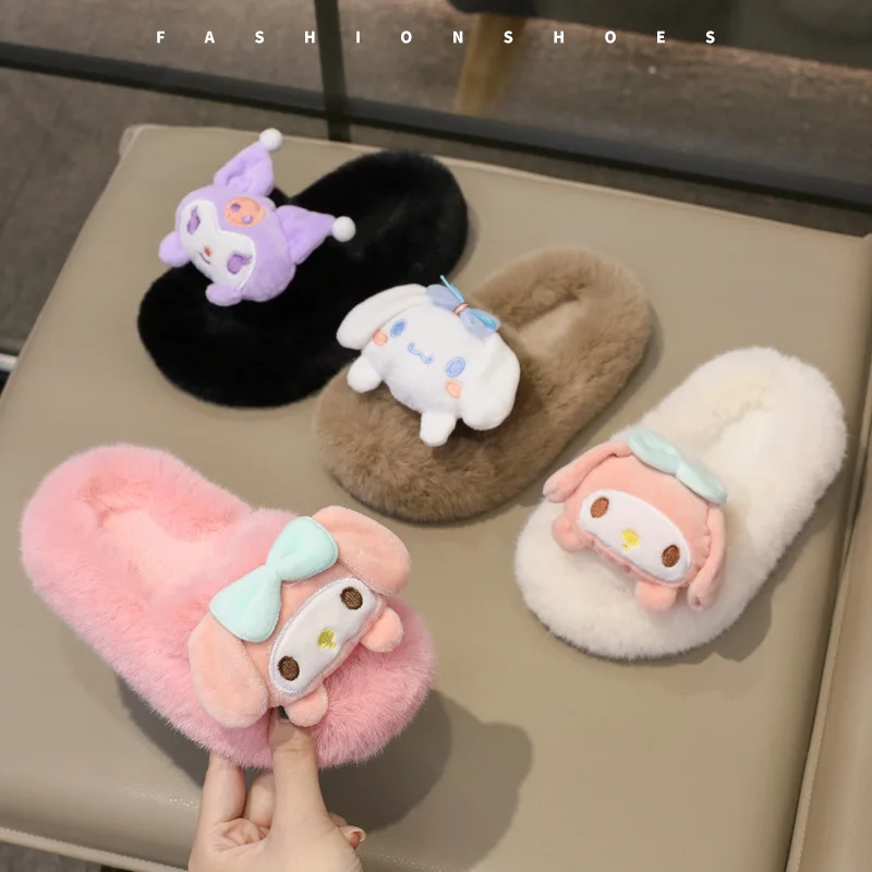 

Симпатичные детские тапочки Sanrio Cinnamoroll Kuromi My Melody милые аниме детские игрушки теплая Нескользящая плюшевая домашняя обувь Забавный подарок для девочки