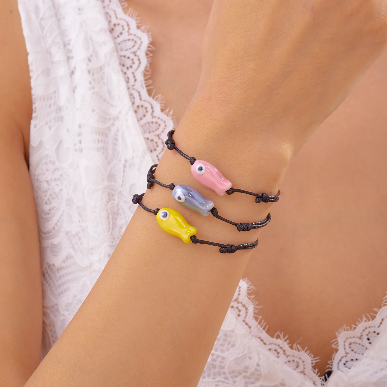 Fashion Cute Cartoon Ceramic Fish Bracelet For Women Adjustable Handmade Woven Rope Girls Friendship Jewelry Party Gift