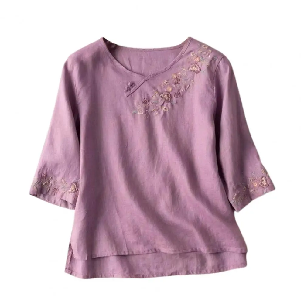 

Stylish Vintage Embroidery Flower Cotton Linen T-shirt Retro Blouse Sweat Absorbing Three Quarter Sleeves