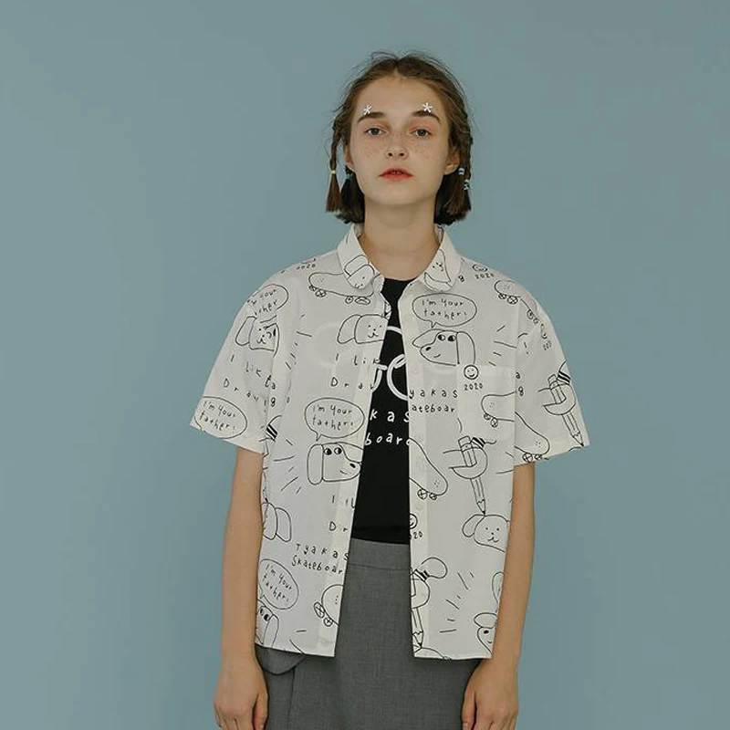 

Оригинальная нишевая дизайнерская женская летняя блузка, белая мультяшная собака, короткий рукав, отложной воротник, хлопковая Высококачественная женская рубашка, Топ