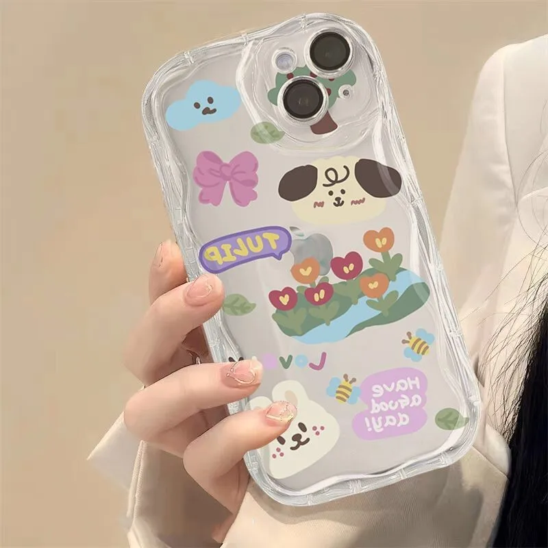 

DMAWMJ Cute cartoon dog rabbit flowers phone case for iphone 14 plus 13 pro max 11 12 tpu cover for iphone 8 plus 7 p xr xsmax x