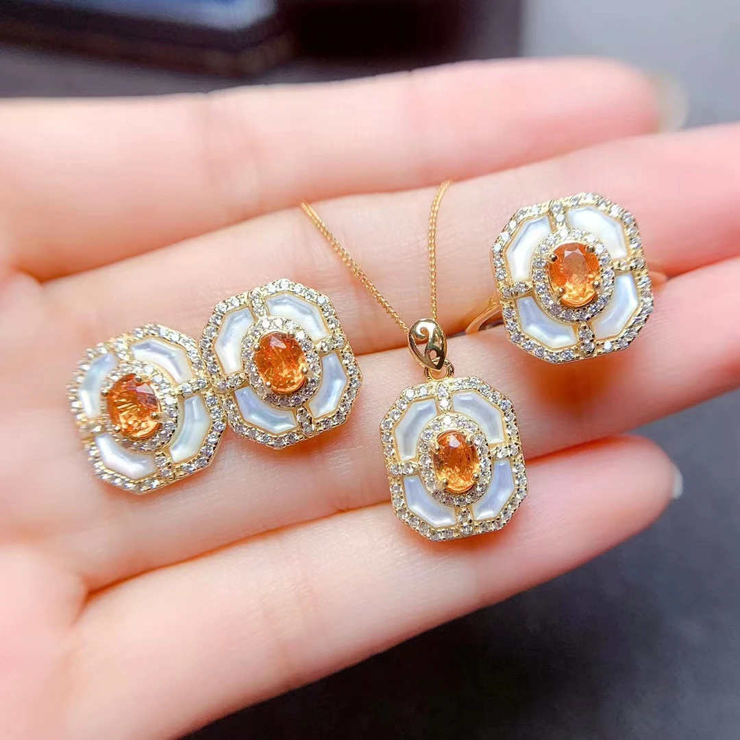 

MeiBaPJ Natural Fenda Garnet Trendy Shell Jewelry Set for Women Real 925 Silver Necklace Earrings Ring Fine Wedding Jewelry