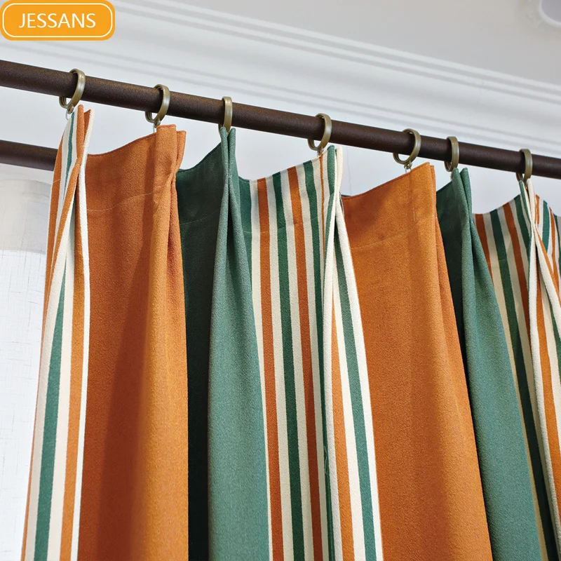 

Nordic Light Luxury Ins Wind Striped Net Red New Curtains for Living Room Bedroom Simple Modern Blackout Orange Curtain