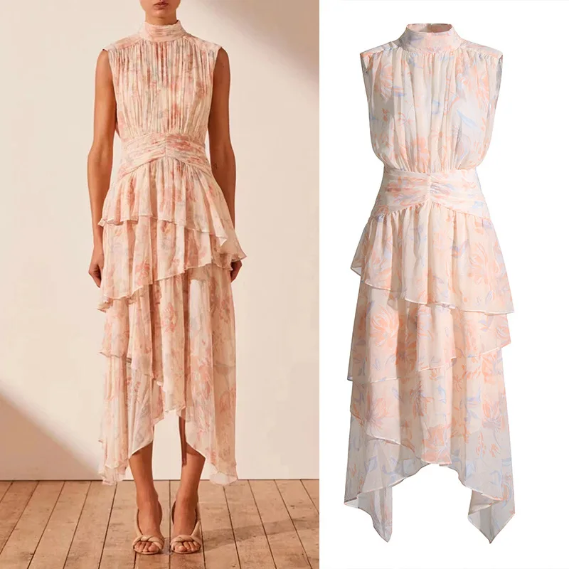 

Elegant Summer Dresses for Ladies 2023 Women French Style Sleeveless Floral Printed Chiffon Frocks Female Trendy High Tea Dress