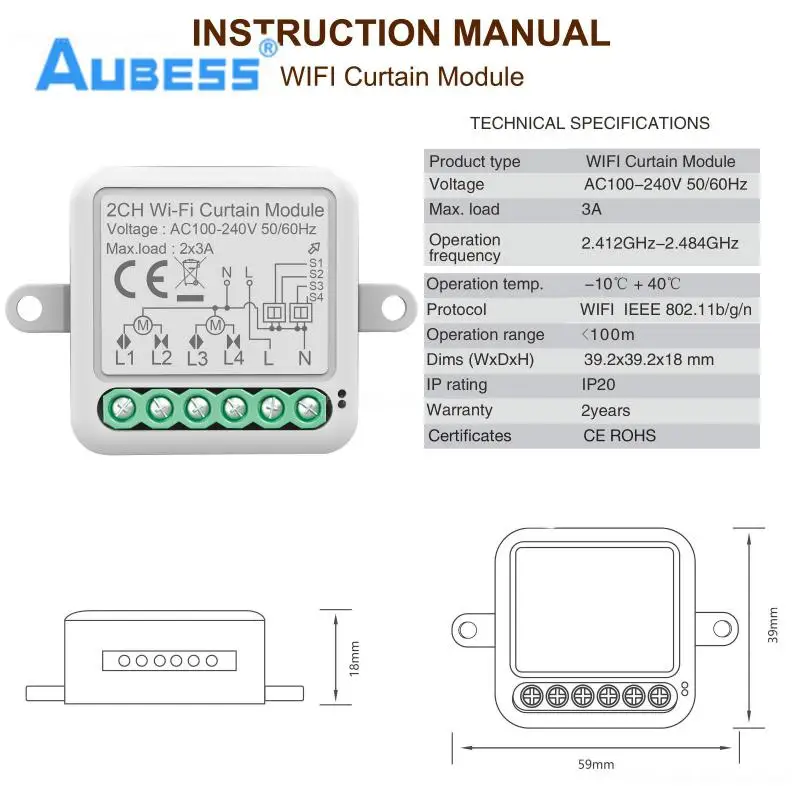 

Ac100-240v 1/2 Gang Wifi Curtain Switch Group-control Function Tuya Curtain Module Blind Switch Work With Alexa Google Home