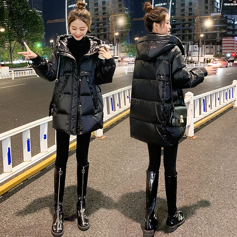 Winter Loose Glossy Down Cotton Coats Women 2023 New Solid Hooded Thicken Warm Padded Jacket Female Clothing Fashion Tops Parkas