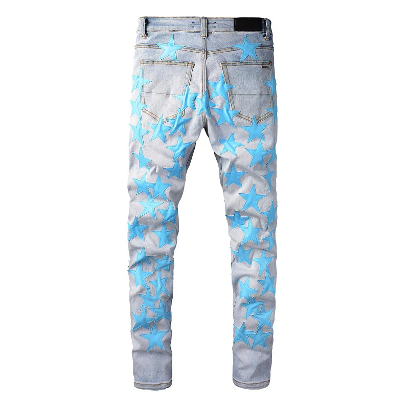 Men's Light Blue Distressed Streetwear Blue Stars Patchwork Slim Stretch Skinny High Street Fashion Style Ripped Jeans