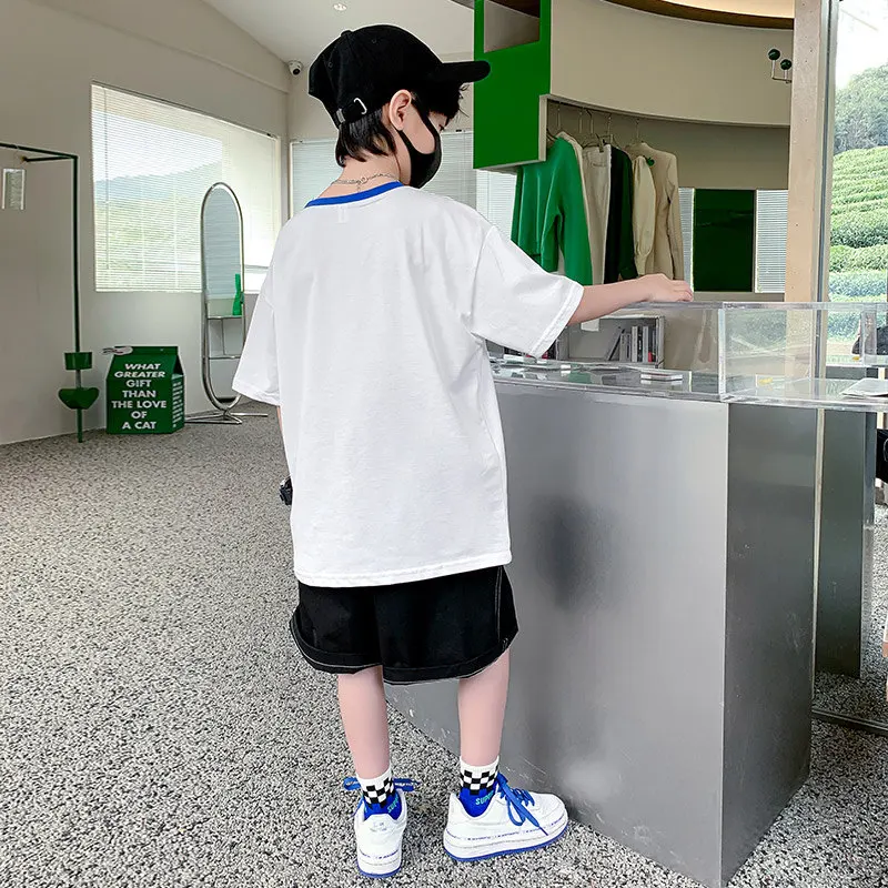 Boys Summer Funny Pattern 2022 New Fashion Teenage Clothes Children Korean Casual Loose Short-Sleeved T Shirt+Shorts 2pcs Outfit