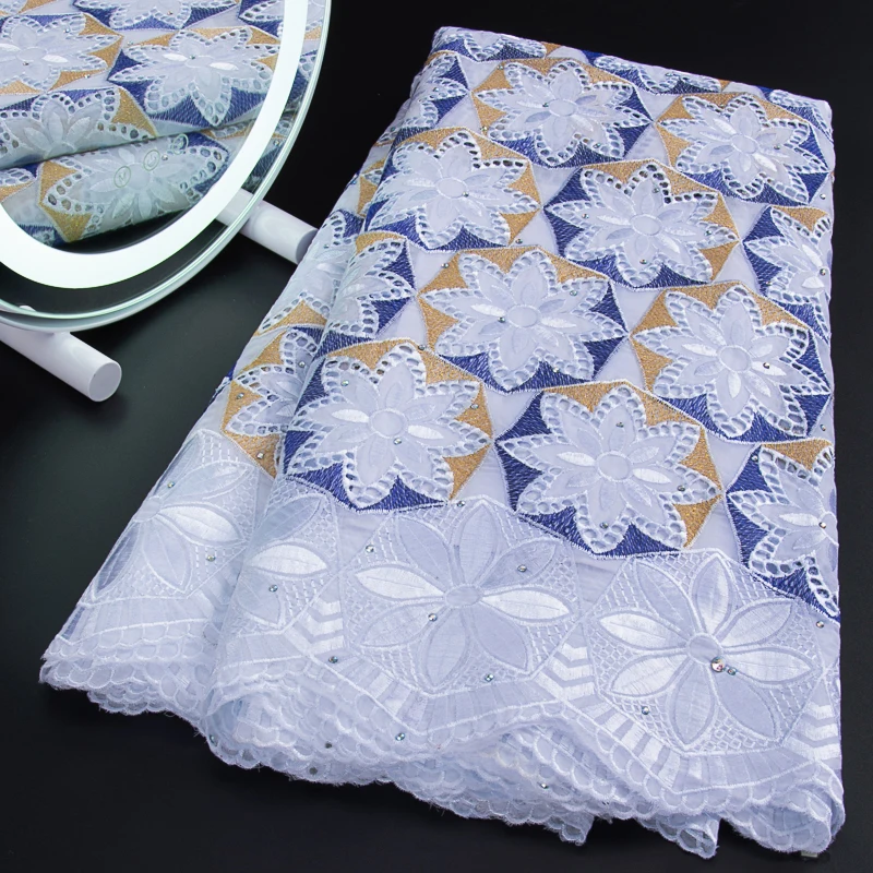 

African Cotton Lace Fabric 2022 Swiss Voile Lace Fabric With Stones Nigerian Dry Cotton Lace Fabric For Party Dress A3121