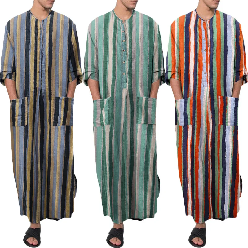 Muslim Men Clothing Abaya Tenue Musulmane Pour Homme Kaftan Jubba Thobe Looser Stripes Dubai Saudi Arabia Robe Islamic Habits