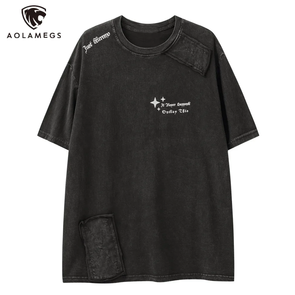 

Streetwear Vintage Men Tshirts Solid Color Washed Patchwork T-shirt Hip Hop Harajuku Short Sleeves High Street Couple Loose Tees