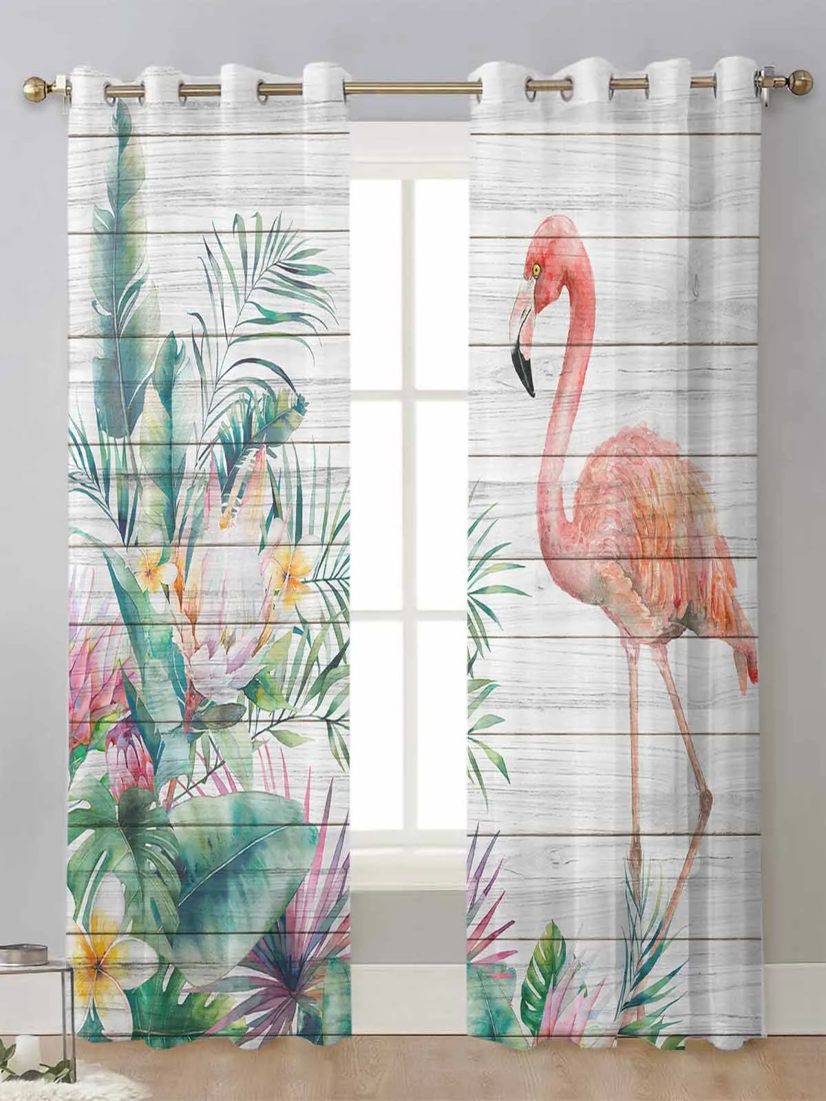 

Flamingo Tropical Plant Wood Sheer Curtains For Living Room Window Transparent Voile Tulle Curtain Cortinas Drapes Home Decor