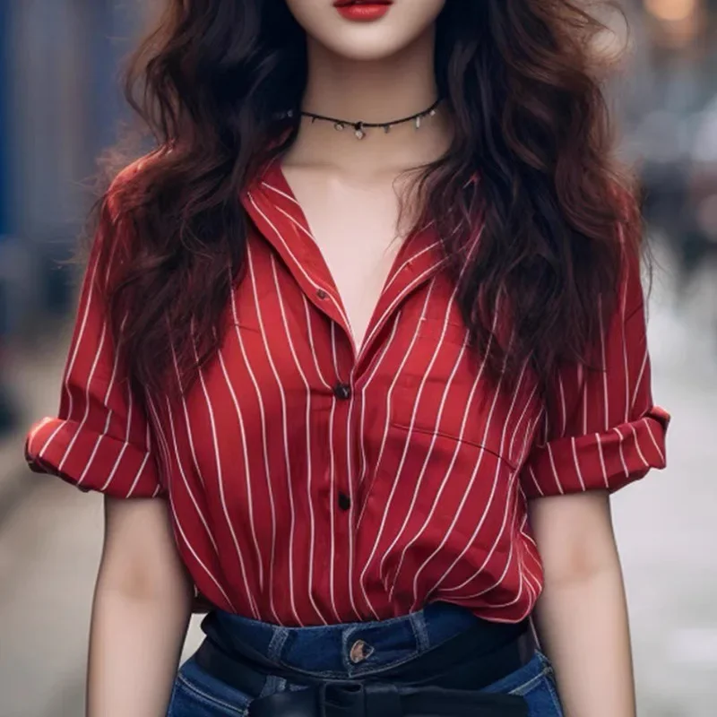 Шикарная красная полосатая рубашка с короткими рукавами для женщин новинка 2024