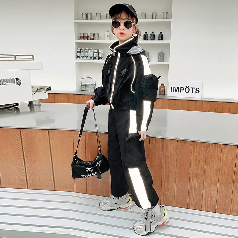 Boys Girls Clothing Sets 4-13T Unisex Sports Suit Reflective Hoodies+Pants Street Wear Fashion Hip Hop Kids Teens Clothes Suits