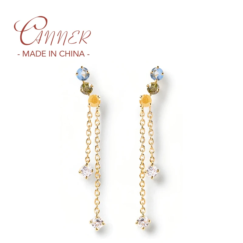 

CANNER Exquisite Colorful Zircon Stud Earring 925 Sterling Silver Long Tassel Chain Piercing Earrrings For Ladies Birthday Gift