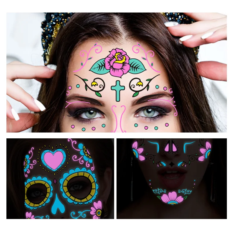 

Светящиеся Татуировки на Хэллоуин, креативные временные наклейки, призрак, фестиваль, Череп, лицо, искусственный шар, наклейка для макияжа, сделай сам, декор для тела