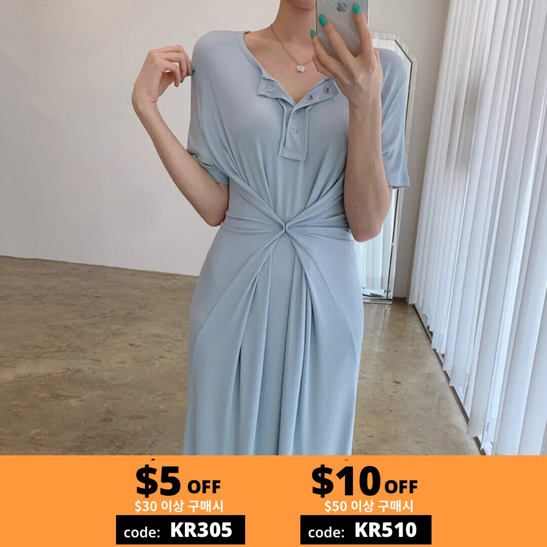 

Korean Chic Buckle Slim-Fit Side Slit Waist Hugging Dress Women 'S Summer French Temperament Loose T-shirt Long Skirt