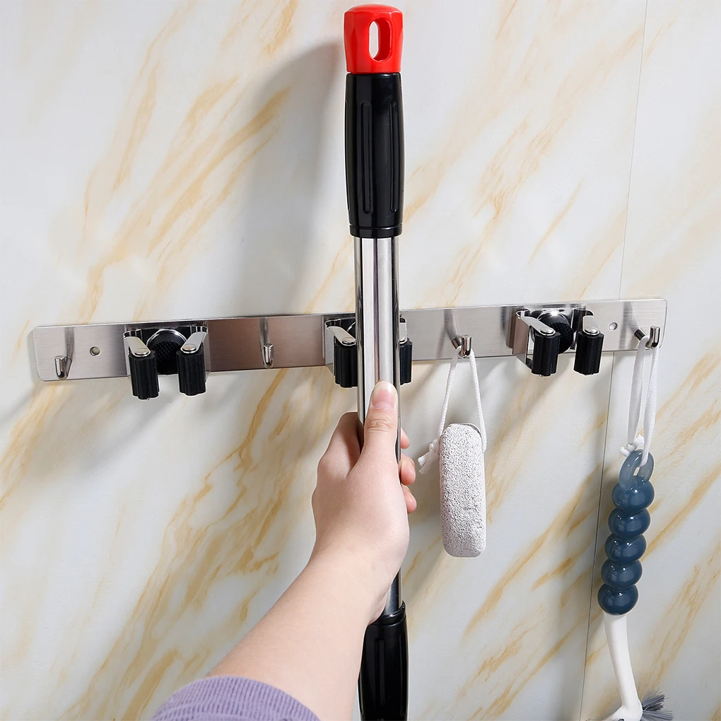 

Seamless Broom Holder Mop Hanger Adjustable Wall Mounted Balcony Garage Stainless Steel Hotel Bathroom Storaging Organizer