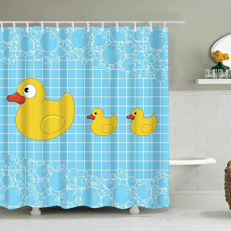 Cartoon Shower Curtain for Kids Baby Bathroom Decor Happy Rubber Duck and Bubbles Theme Art, Fabric Bathroom Curtain with Hooks