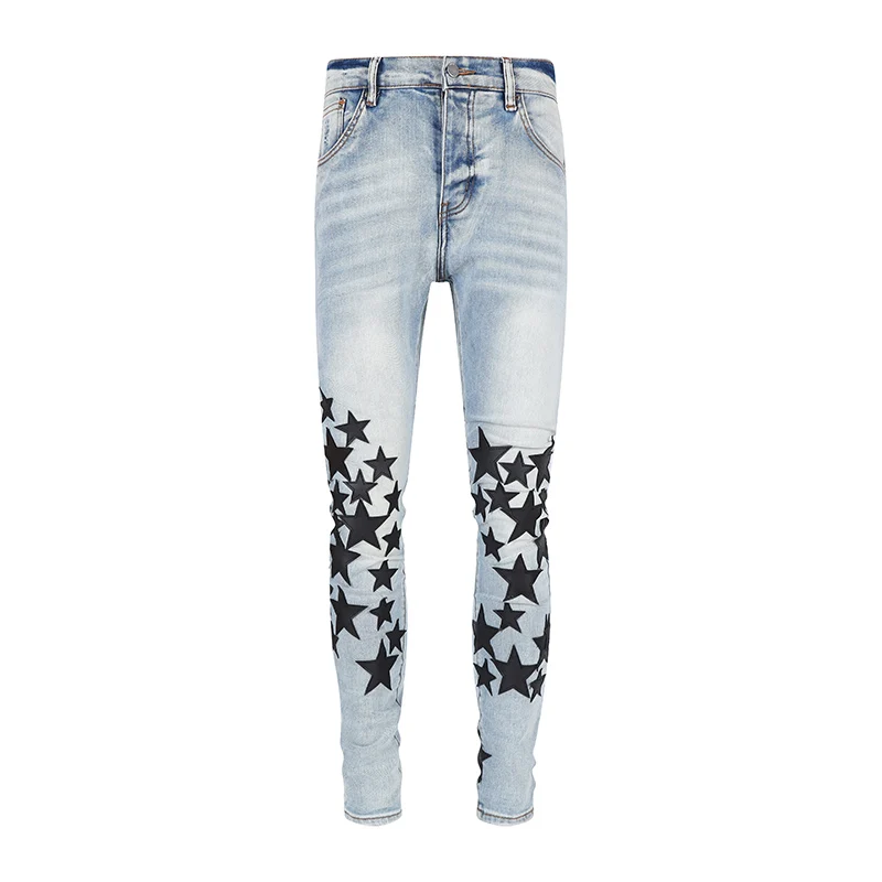 High Street Fashion Men Jeans Retro Light Blue Elastic Skinny Ripped Jeans Men Stars Patch Designer Hip Hop Brand Pants Hombre