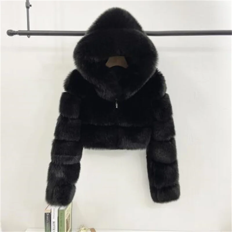 Patchwork fox fur jackets women short coats hooded faux fur clothes long sleeve pink black brown silver blue green spring winter