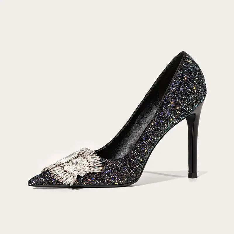 

Туфли стразы женские на высоком каблуке, заостренный носок, блестки, большие размеры 31-44
