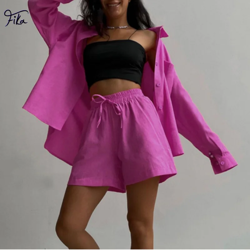 

Oversize Long Sleeve Pocket Shirt Tops and Drawstring Shorts Tow Pieces Set Cotton Solid Casual Women Daily Suits Summer 2022