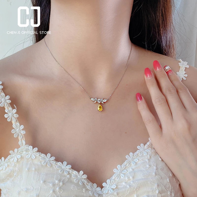 

CHENJI S925 Silver Yellow Diamond Necklace Female All-Match Light Luxury Niche Design Clavicle Chain Temperament Birthday Gift