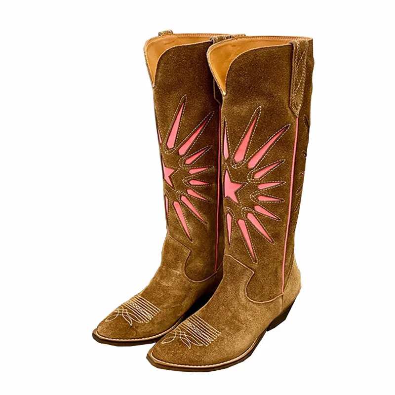 

Vintage Embroidery Cow Suede Knight Boots Women Slip-On Knee High Block Heels Shoes Patchwork Cowboy Pointed Toe Chelsea Boots