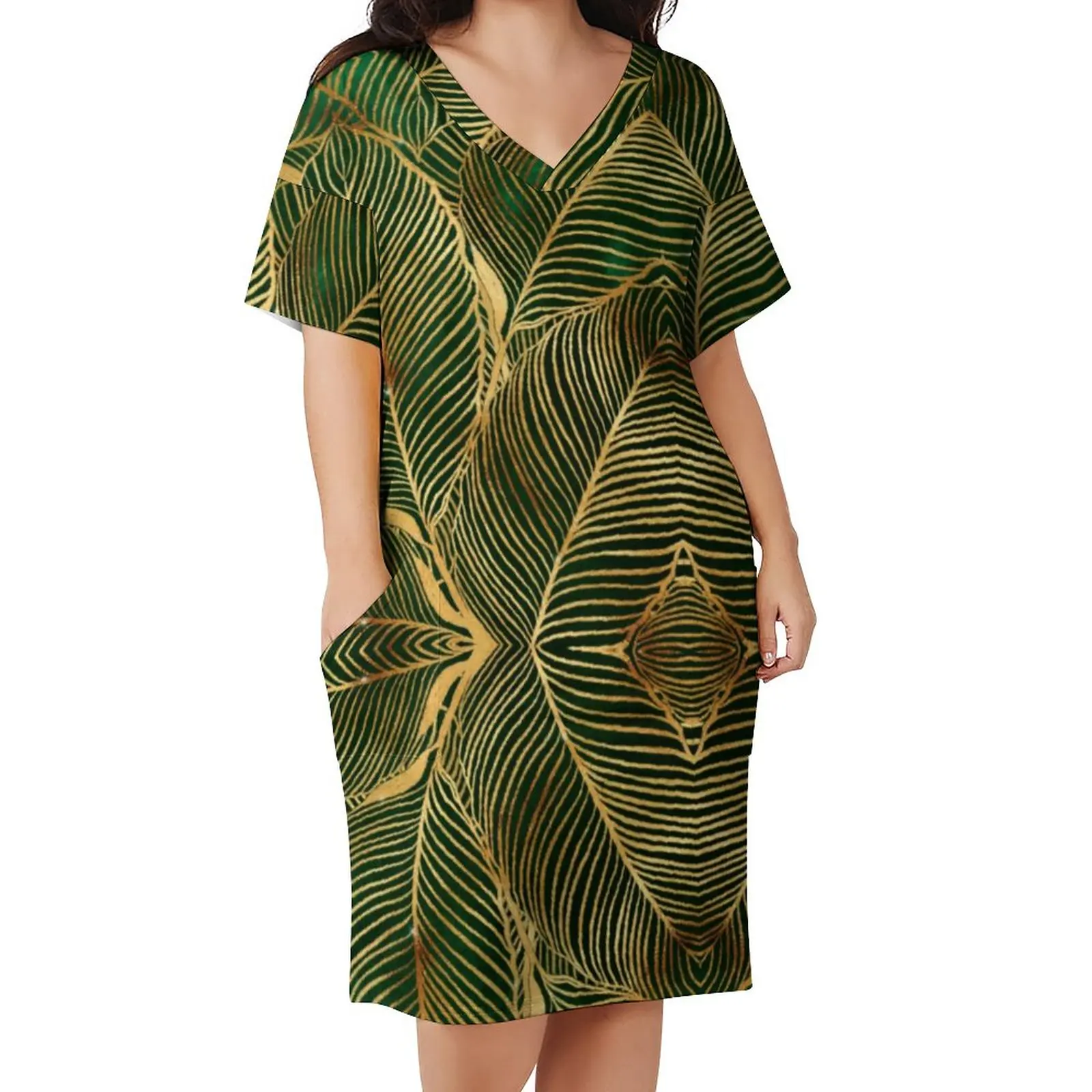 

Gold Leaves Forest Casual Dress Green Elegant Vintage Dresses Summer Short Sleeve Streetwear Graphic Dress Plus Size 3XL 4XL