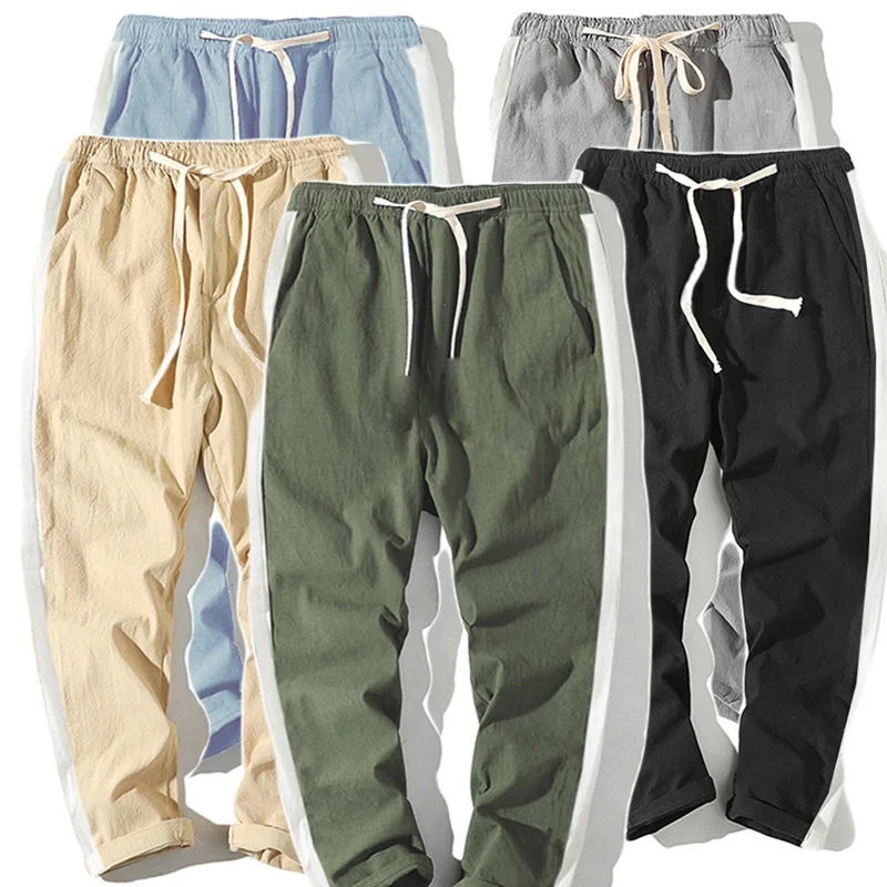 

Summer New Men's Pants, White Stripes, Men's Casual Pants, Cotton and Linen Nine-point Pants, Harem Pants,Youth Drawstring Pants