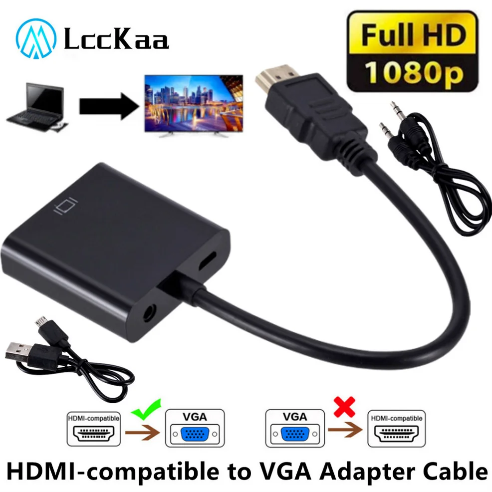 HD 1080P HDMI-compatible to VGA Adapter Cable With Audio Power Port Converter Apply to PS4 XBOX PC Laptop HDTV Projector Monitor