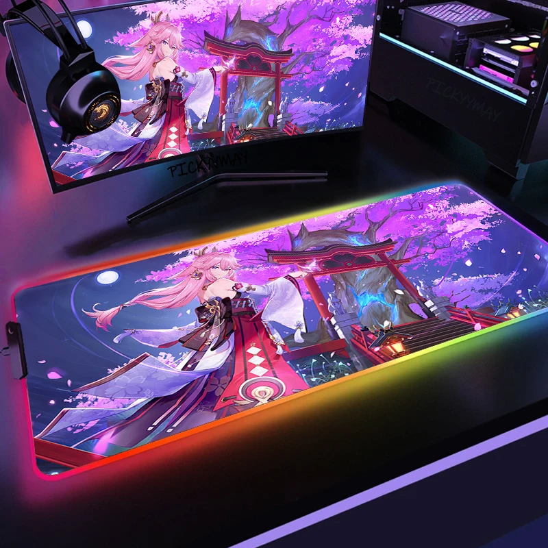 

LED Light Desk Mat XXL Computer Gaming Mousepad Genshin Impact 90x40cm Backlight Keyboard Mat Mouse Pad RGB Anime Girl Yae Miko