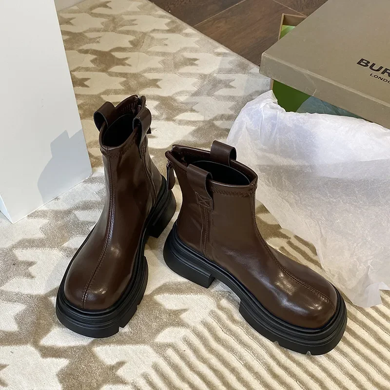 

Женские короткие ботинки челси из натуральной кожи, на толстой подошве, с круглым носком