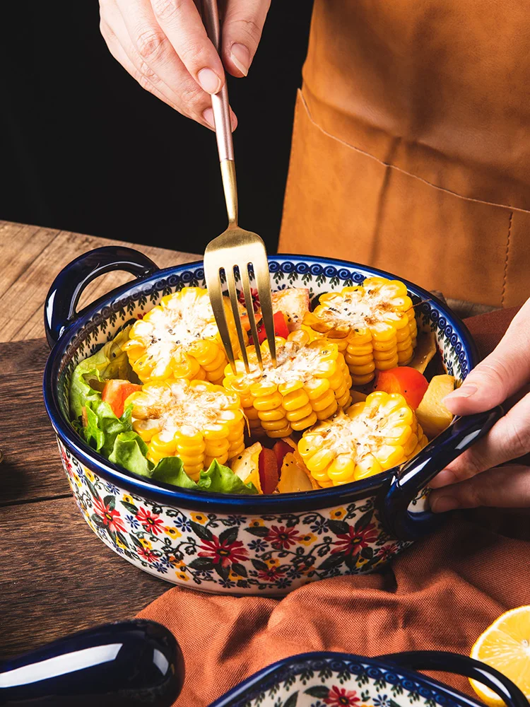 

Retro Ceramic Handle Salad Bowl Household Oven Breakfast Bake Pan Microwave Bohemia Binaural Soup In-glaze Tableware