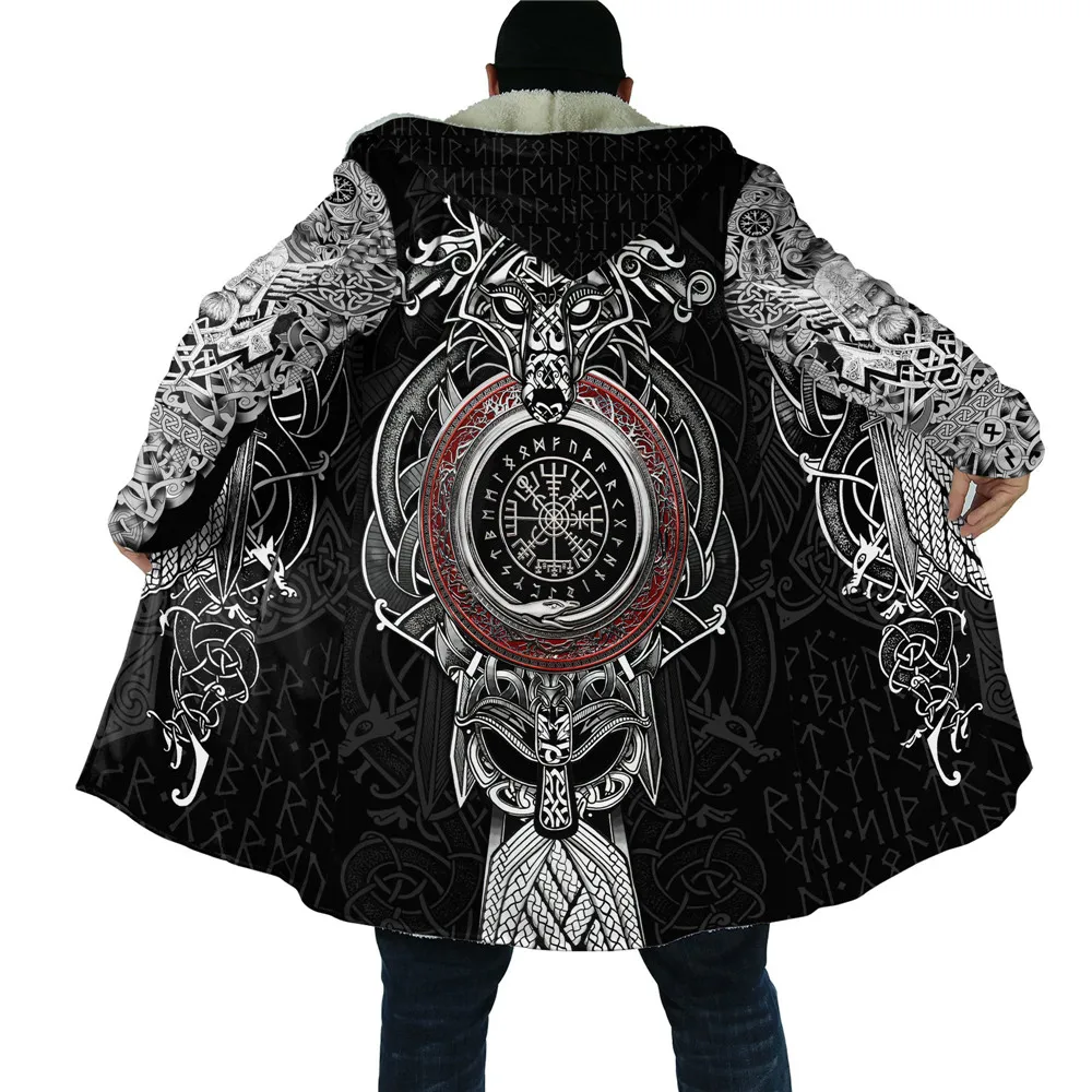 

CLOOCL Winter Mens Cloak Viking Men Wolf Tattoo Symbol Thick Warm Hooded Cloak for Men Windproof Fleece Cape Hooded Blanket